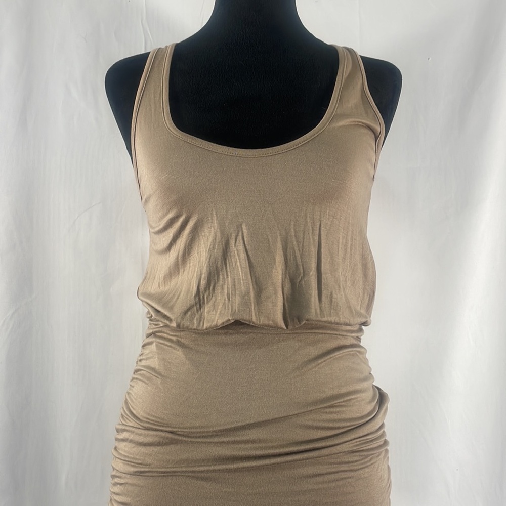 Tan,Fitted, ruched at sides sleeveless maxi dress, scoop neck,small - Picture 2 of 10